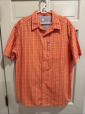 Columbia Omni-Shade Plaid Button Down Shirt Orange/White Size XL